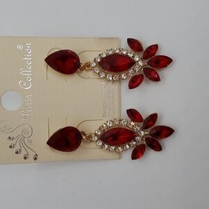Paris Collection Red Rhinestone Chandelier Drop Earrings Goldtone